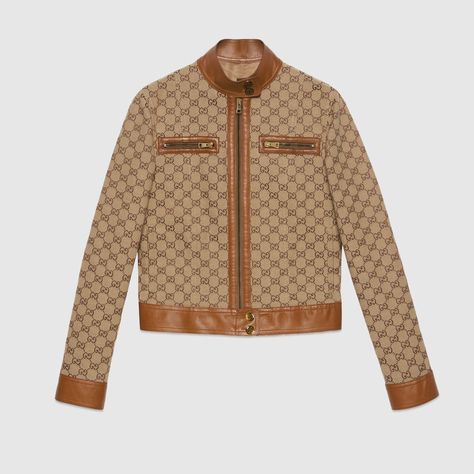 GG canvas jacket with leather trim in beige and ebony | GUCCI® US Gucci Jacket, Gucci Store, Canvas Jacket, Trim Jacket, Leather Care, All About Fashion, Canvas Leather, Biker Jacket, Leather Trims