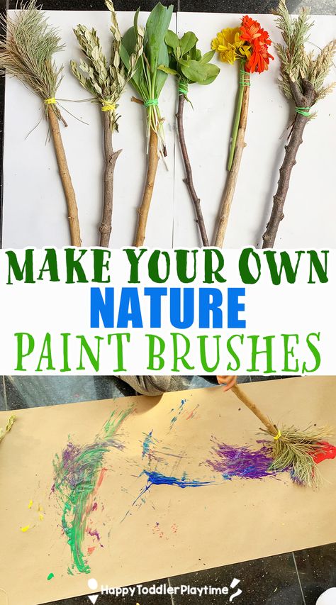Make Your Own Nature Paint Brushes for Kids - Happy Toddler Playtime Nature Art For Kids, Summer Activities For Toddlers, Toddler Projects, Nature Paint, Summer Kid, Rubber Band Crafts, Forest School Activities, Diy Montessori, Nature Collage