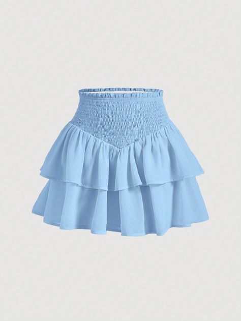 Baby Blue Casual Collar  Woven Fabric Plain Layered/Tiered Embellished Non-Stretch Summer Women Clothing Purple Skirt Outfit, Lavender Skirt, Kawaii Skirt, Pastel Skirt, Preppy Skirt, Sparkly Shorts, Chique Outfit, Smocked Skirt, Ruffle Hem Skirt