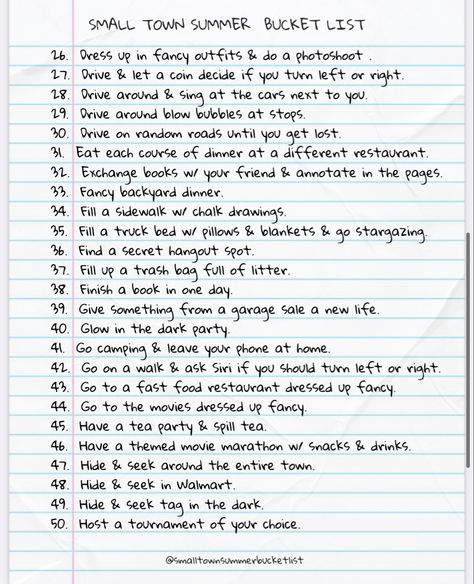 Illegal Things To Do Bucket Lists, The Losers Guide To A Good Summer, Small Town Activities, Teenage Dirtbag Bucket List, Small Town Summer Bucket List, Teenager Bucket List, Small Town Date Ideas, Country Bucket List, Small Town Summer Aesthetic