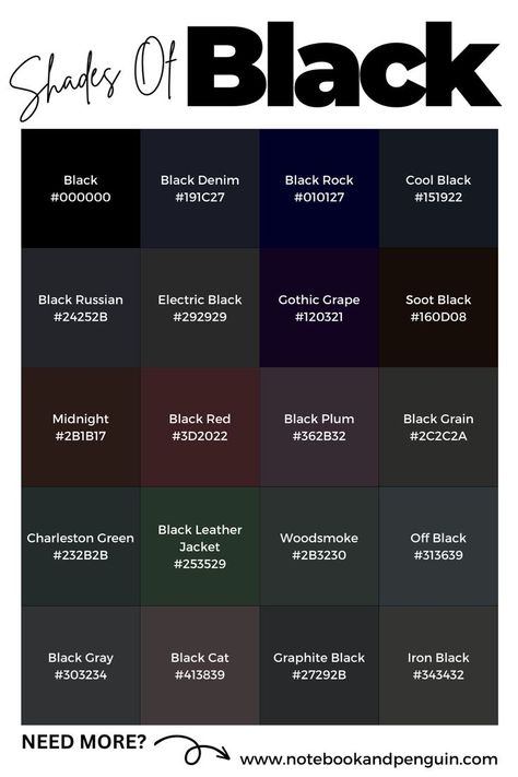 20 Bold and dramatic shades of black for your next design. Need more black colors and hex codes? Visit our website for over 50 more colors to choose from! Type Of Black Color, Discord Hex Color Codes, Goth Color Palette Hex Code, Dark House Color Schemes, Dark Hex Codes, Dark Academia Color Palette Hex Codes, Dark Color Palette Hex Codes, Discord Color Codes, Black Color Swatch