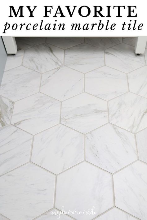 A review of my favorite porcelain marble tile! Answering common questions about the tile, the installation process, and how I feel about it 10 months later after installing it on the floor of our master bathroom. Porcelain Tile Marble Look Bathroom, Porcelain Hexagon Tile Bathroom, Marble Porcelain Tile Bathroom, Porcelain Tile Floor Bathroom, Marble Bathroom Floors, Bathroom Marble Floor, Octagon Tile Bathroom, Porcelain Tile Bathroom Floor, Octagon Tile Floor