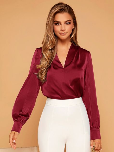 Red Silk Top Outfit, Corporate Tops Blouses, Burgundy Blouse Outfit, Satin Blouse Outfit Classy, Sleeveless Shirt Outfit, Blouses Formal, Silk Top Outfit, Petite Styling, Silk Blouse Outfit