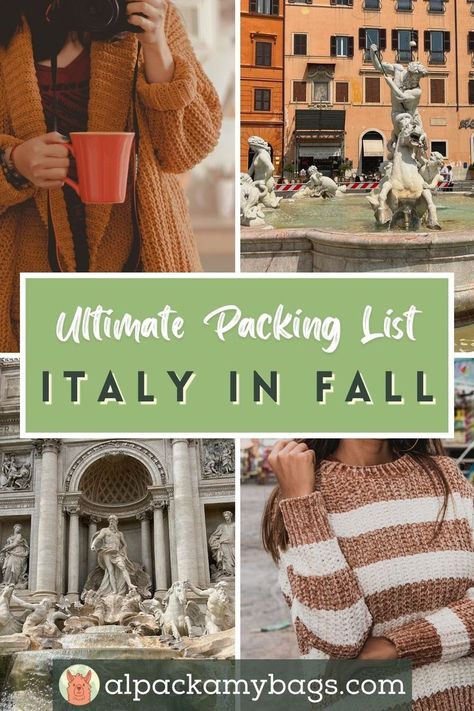 Italy Packing List for Fall Italy In Fall, Packing List For Italy, How To Dress In Italy, Outfits To Wear In Italy, Rome Italy Outfits, Italy Outfits Fall, Fall Vacation Outfits, Italy In November, Fall Packing List