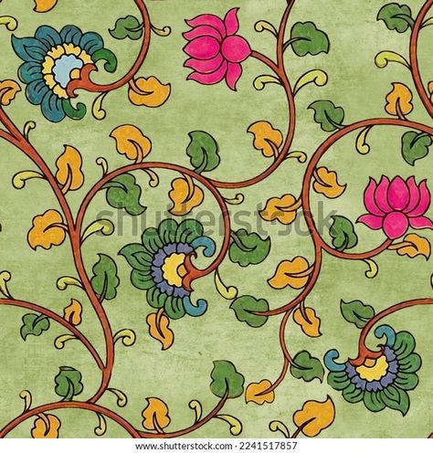 Print Pattern Design, Kalamkari Fabric, Tropical Fabric Prints, Kalamkari Designs, Beautiful Flower Drawings, Kalamkari Painting, Ajrakh Prints, Outline Illustration, Art And Craft Videos