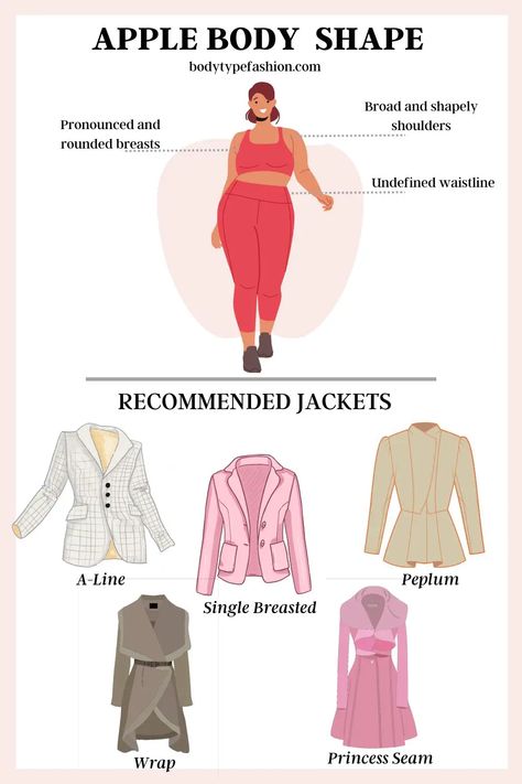 How to Choose Jackets for the Apple Body Shape - Fashion for Your Body Type Apple Body Shape Clothes, Apple Body Shape Fashion, Apple Body Shape Outfits, Apple Body Shape, Hourglass Outfits, Apple Body Type, Apple Shape Outfits, Apple Body Shapes, Pear Body