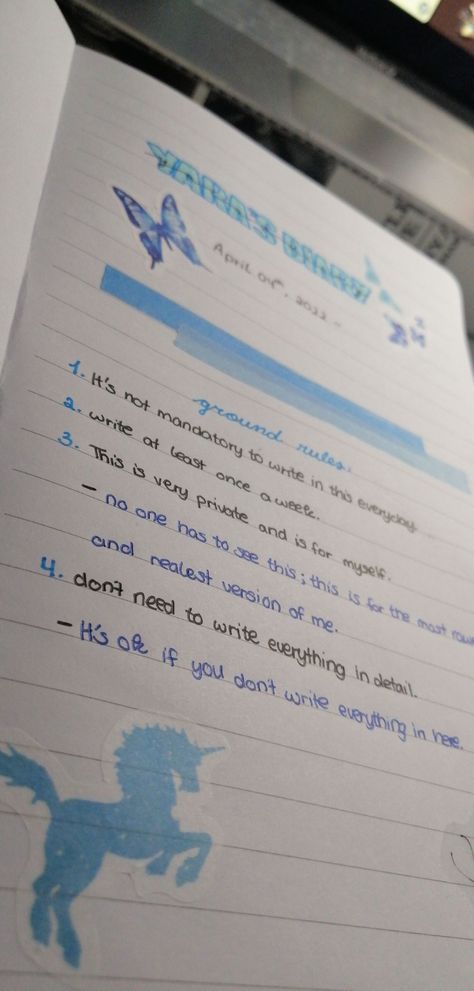 I started my new diary on the fourth of April and this is what my first page looks like. I like to write down ground rules, whose diary this belongs to and when I started my diary. #new #diary #blue #rules #writing #night #april #decoration #journal #pretty #aesthetic #post Organisation, Ruled Pages Journal Ideas, Ruled Diary Ideas, First Page Of Personal Diary, How To Start A Dairy Writing, What To Write In Your Diary Aesthetic, How To Start A Diary First Page, Personal Diary First Page, This Diary Belongs To Page