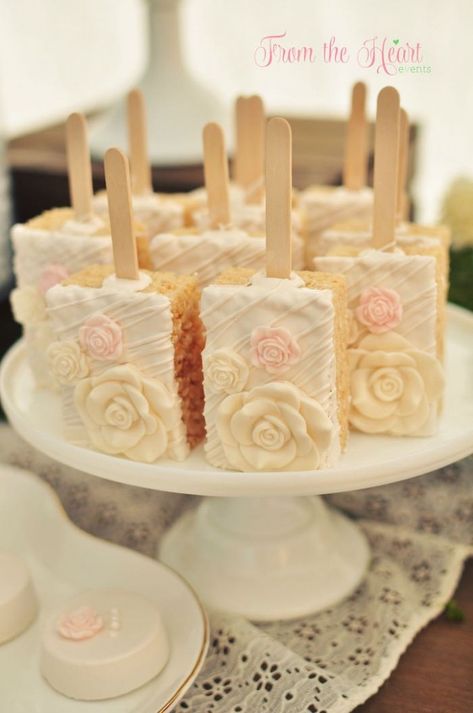 Rice Krispie Treats on Sticks from a Rustic Chic Engagement Party via Kara's Party Ideas | KarasPartyIdeas.com (12) Gluten Free Rice Crispy Treats, Chic Engagement Party, Patisserie Fine, Rice Recipes For Dinner, Wedding Treats, Rice Crispy Treats, Gluten Free Rice, Candy Table, Crispy Treats