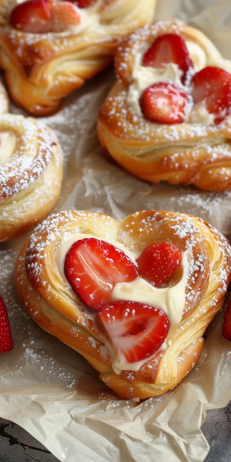 Strawberry Cream Danish [200 Minutes] - Chasety Cream Danish, Puff Pastry Desserts, Cute Baking, Danish Food, Strawberry Cream, Pastry Desserts, Cute Desserts, Food Obsession, Cafe Food