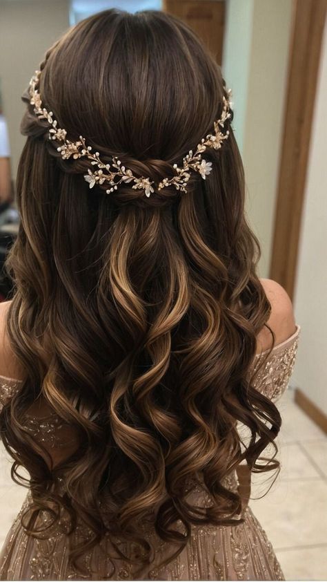 Hairstyles For Long Hair For Engagement, Long Hairstyles For A Wedding Guest, Half Up And Down Bridesmaid Hair, Prom Hair Inspo For Long Hair, Side Part Elegant Hairstyles, Hairstyle For Long Hair Prom, Bridesmaid Hair Curly Down, Wedding Guest Hair Ideas Long, Light Curls Prom Hair