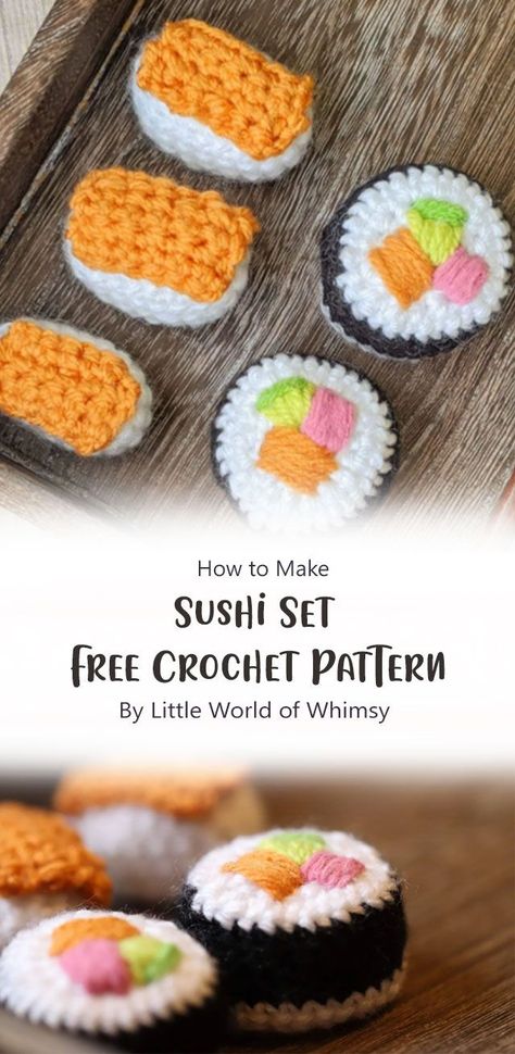 Sushi is so adorable and delicious. Why not make your own set with this free crochet pattern? Sushi Set have become my most favorite crochet food doll ever! These crochet sushi are extremely versatile and can be a really great addition to your crochet food family. Amigurumi Patterns, Crochet Sushi, Craft Stand, Amigurumi Owl, Easy Amigurumi Pattern, Amigurumi For Beginners, Knit Dress Pattern, Sushi Set, Crocheting Ideas