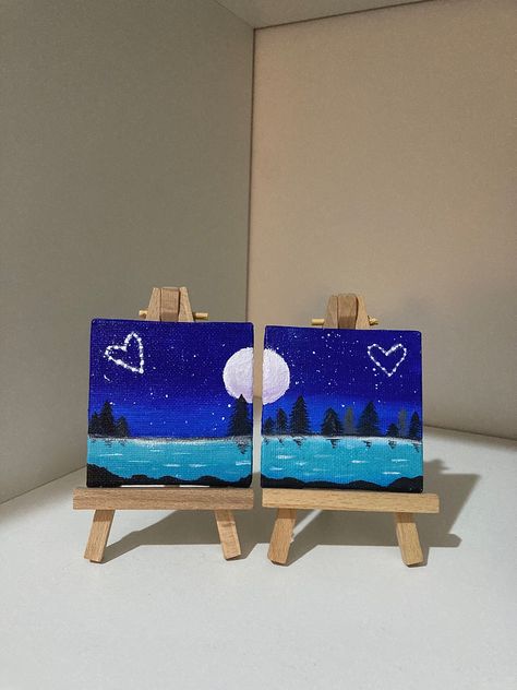 Best Friend Painting Ideas On 2 Canvas, Couple Paintings Together, Couples Matching Painting Ideas, Couple Paints Ideas, Canvas Painting Idea For Boyfriend, Painting Ideas For Significant Other, Matching Mini Canvas Art, Couple Date Painting Ideas, Cute Date Painting Ideas