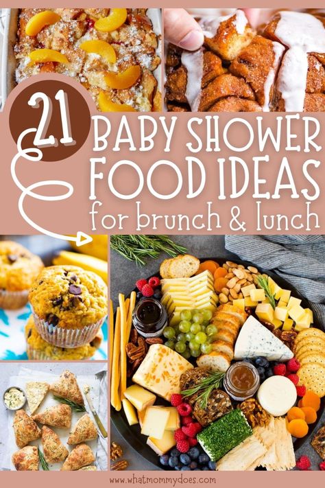 21 Baby Shower Food Ideas {Brunch and Lunch!} - What Mommy Does Afternoon Shower Food Ideas, Lunch Shower Food, Brunch Sprinkle Ideas, Lunch Baby Shower Ideas, Work Baby Shower Food, Baby Shower Luncheon Ideas, Shower Foods Baby, Breakfast Bar Baby Shower Ideas, Baby Shower Catering Ideas Food Tables