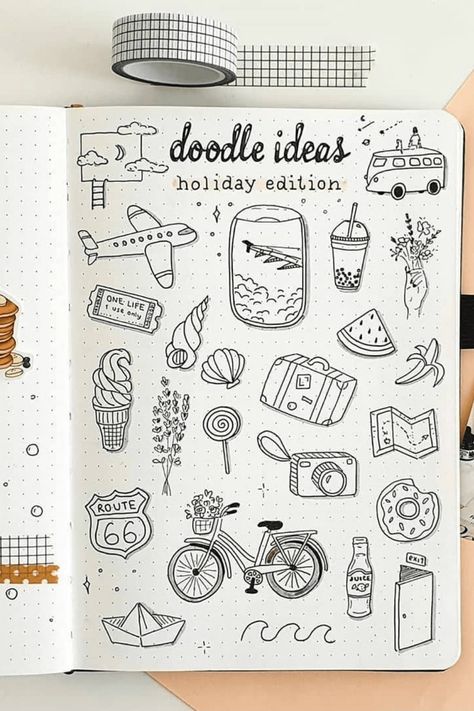 Cute Note Book Doodles, How To Make Aesthetic Journal, Dotted Journal Drawings, How To Draw A Pencil, Bullet Journal Summer Ideas, Goal Doodle, Doodle Ideas Creativity, Cute Notebook Doodles, Stuff To Doodle