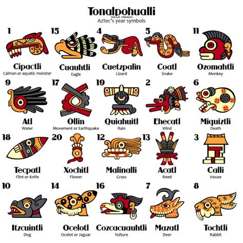 Tonalpohualli Symbols Aztec Symbols, Aztec Tattoo Designs, Mayan Symbols, Maya Art, Ancient Aztecs, Mexico History, Aztec Culture, Mayan Calendar, Mayan Art