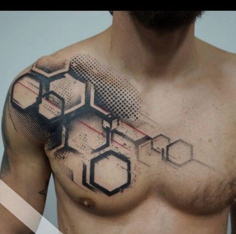 Men's Chest Tattoo, Chest Tattoo Designs For Men, Chest Tattoo Designs, Chest Tattoos For Men, Tatuaje Trash Polka, Chest Tattoo Drawings, Electronic Tattoo, Hexagon Tattoo, Tech Tattoo