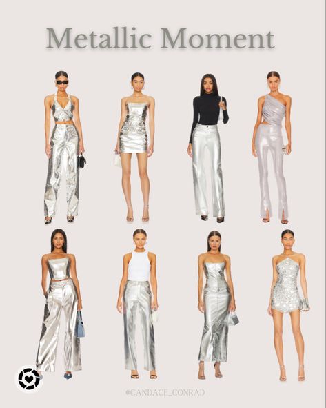 Metallic Outfits, Silver Pants, Skirts and Shirts. White And Metallic Outfit, Metallic Outfit Photoshoot, Silver Pants Outfit Summer, Silver And Green Outfit, Metallic Two Piece Outfit, Metallic Outfits Black Women, Metallic Festival Outfit, Metallic Outfit Ideas Party, Silver Corset Outfit