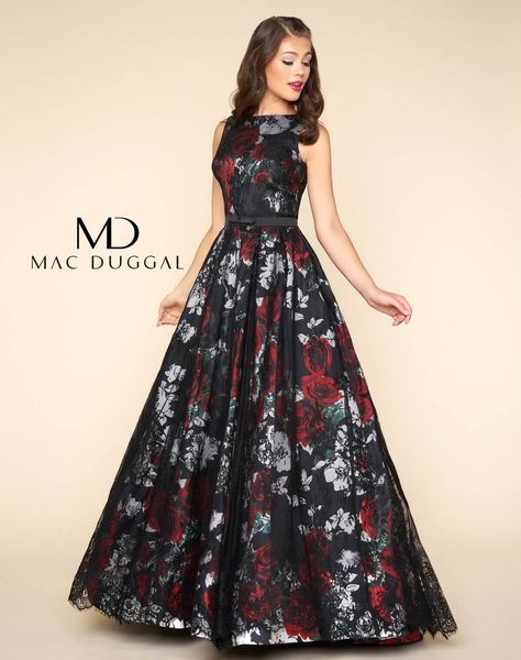 Sleeveless, boat neck, floor length, fit and flare ball gown in a black floral print with lace applique and satin belt. Prom Unique, Unique Gowns, Satin Belt, Long Gown Dress, Mac Duggal Dresses, Indian Gowns Dresses, Indian Gowns, Black Floral Print, Grad Dresses