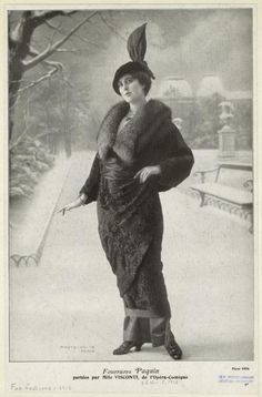 Hobble Skirt: the most extreme hobble skirts kept women from barely walking. some had slits to allow women to walk. Edwardian Fur Coat, 1910s Art, 1914 Fashion, Jeanne Paquin, Istoria Modei, Fashion 1910, Paul Poiret, Hobble Skirt, Glass Menagerie