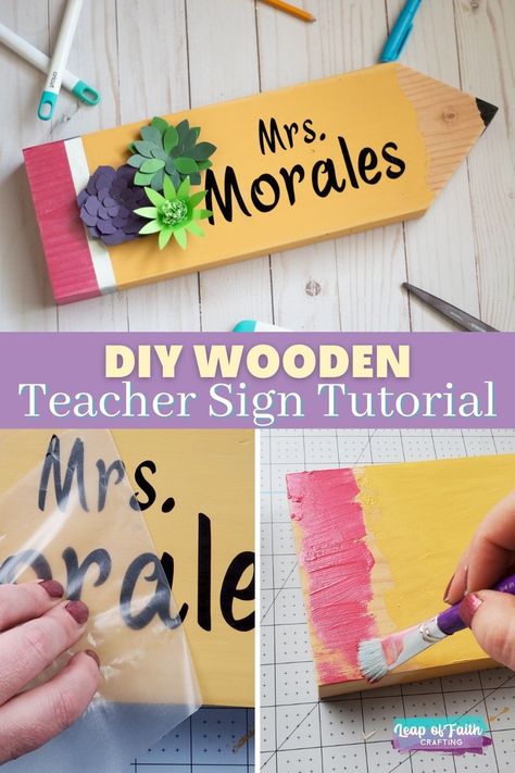 diy teacher wooden pencil sign tutorial Diy Wooden Teacher Gifts, Diy Teacher Gifts With Cricut, Teacher Signs Cricut, Cricut Teacher Christmas Gifts, Wood Teacher Gifts Diy, Pencil Wood Sign Teacher Gifts, Diy Teacher Pencil Sign, Wood Pencil Sign, Teacher Signs For Classroom Diy