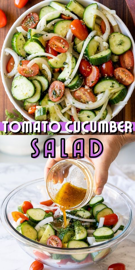 This Cucumber Tomato Salad recipe is a classic Summer side dish that's filled with sliced cucumbers, juicy tomatoes and thinly sliced onions, then tossed in a light and refreshing vinaigrette dressing. Cucumber Salad With Italian Dressing, Recipes For Cucumbers, Thai Side Dishes, Tomato Salad Dressing, Cucumber Salad Dressing, Cucumber Onion Salad, Cucumber Salad Vinegar, Cucumber Tomato Avocado Salad, Thai Cucumber Salad