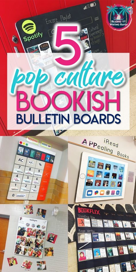 Organisation, Pop Culture Classroom Decor, Pop Culture Bulletin Board Ideas, English Bulletin Boards, Language Arts Bulletin Boards, Ela Bulletin Boards, Bookish Ideas, Middle School Bulletin Boards, Book Bulletin Board