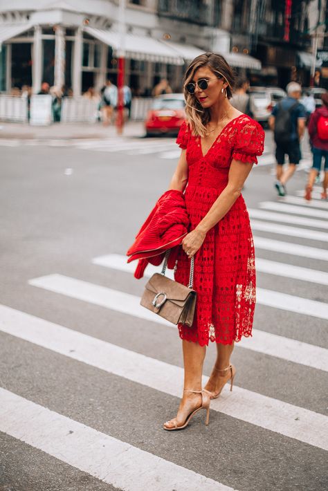 NYFW, urban, cable knit sweater, lace dress, red design, v neckline, scalloped hemline Red Lace Wedding Guest Dress, Red Lace Dress Outfit, Spring Dresses 2023, Red Lace Dresses, White Lace Dress Boho, Lace Dress Red, Red Summer Dress, Dress Lookbook, Lace Wedding Guest Dress