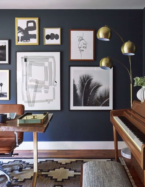 Emily Henderson_Home Office_Dark_Modern_Masculine_3 Pictures On The Wall, Dark Blue Walls, Piano Room, Dark Walls, Grand Piano, Blue Rooms, Mid Century House, Blue Walls, A Living Room