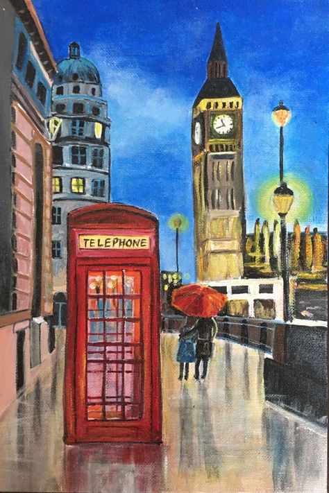 London Canvas Painting, Professional Acrylic Paintings, Paintings Of Buildings Acrylic, London Acrylic Painting, London Painting Easy, London City Drawing, London Painting Acrylic, Acrylic Painting Person, Acrylic Painting Buildings