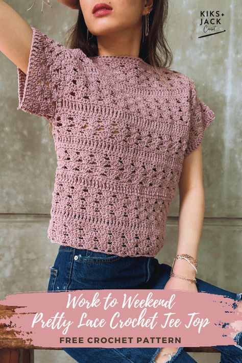 Pretty Lace Crochet Tee Top Free Pattern - Kiks and Jack Crochet Crochet Top Pattern Summer, Cotton Crochet Top, Crochet Top Free Pattern, Crochet Blouse Free Pattern, Crocheted Projects, Crochet Sweater Design, Crochet Tee, Crochet Cardigan Pattern Free, Crochet Stitches Unique