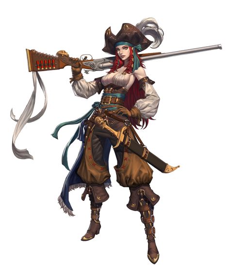 ArtStation - pirate gunner, left hand Anime Pirate, Pathfinder Character, Pirate Art, Female Character Concept, Roleplay Characters, Pirate Woman, Dungeons And Dragons Characters, Fantasy Warrior, Arte Fantasy