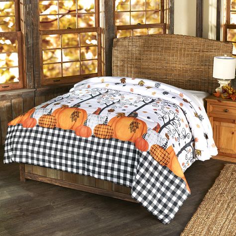 Halloween Bedrooms, Halloween Cottage, Holiday Bedding, Plaid Pumpkin, Halloween Bedroom, Bed Comforter, Fall Bedding, Floral Pumpkin, Bedding Comforter