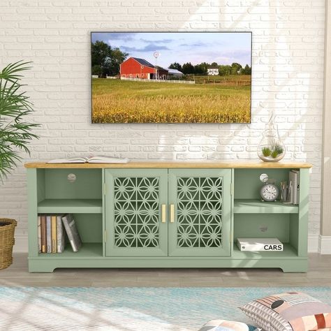 Modern Retro Tv Stand, Floral Tv Stand, Retro Tv Stand Mid Century, Cute Tv Setup, Boho Tv Set Up, Tv Wall Apartment Living Room, Tv Stand Colorful, Tv Stand Amazon, Tv Cabinet Aesthetic