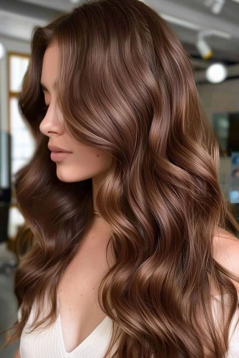 40 Chocolate Brown Hair Color Ideas for a Rich and Luxurious Look Balayage, Brown Hazelnut Hair Color, Brown Hair Colors Chocolate Balayage, Brown Hair Colors With Bangs, Milky Chocolate Brown Hair, Pecan Brown Hair, Rich Golden Brown Hair, Honey Chocolate Hair, Warm Autumn Color Palette Hair