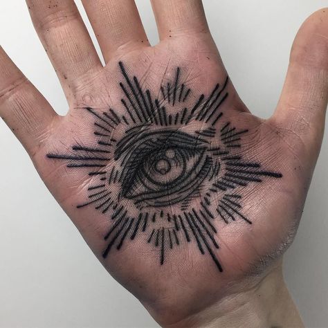Hand Palm Tattoos, Hand Eye Tattoo, Eye Tattoo Meaning, Palm Of Hand, Henne Tattoo, Triangle Eye, Occult Tattoo, Palm Tattoos, Geniale Tattoos
