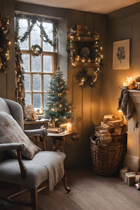 English Cottage Christmas Decor - Cozy Nook for Reading Christmas Reading Nook, French Cottage Christmas Decor, English Cottage Christmas Decor, European Cottage Interiors, English Style Living Room, English Cottage Christmas, Cottage Christmas Decor, Rustic Beams, Primitive Christmas Tree