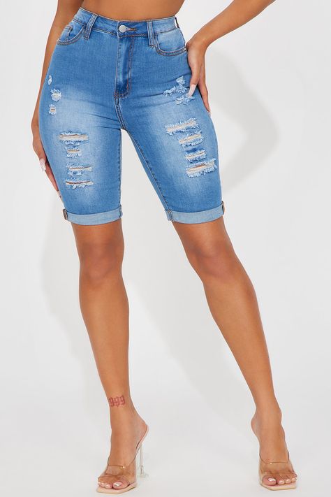 Available In Medium Wash. Denim Short Medium Stretch Ripped 5 Pocket Roll Cuff Hem 9.5" Inseam 11" High Rise Disclaimer: Due To The Specialized Wash & Distressing Process, Each Garment Is Unique 78% Cotton 15% T400 5% Viscose 2% Spandex Imported | Acting Nice Stretch Denim Bermuda Shorts in Medium Wash size 13 by Fashion Nova Denim Bermuda Shorts, Sweater Jumpsuit, Swimming Outfit, Denim Shorts Women, Denim Short, Short Girls, Sweater Jacket, Short Outfits, Size 13