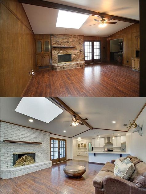 House remodel on a budget! These before and after pictures are amazing and full of DIY ideas. Love this living room! House Remodel On A Budget, Paneling Makeover, Ranch House Remodel, House Before And After, Remodel On A Budget, After Pictures, Flipping Houses, Lounge Decor, Living Room Remodel