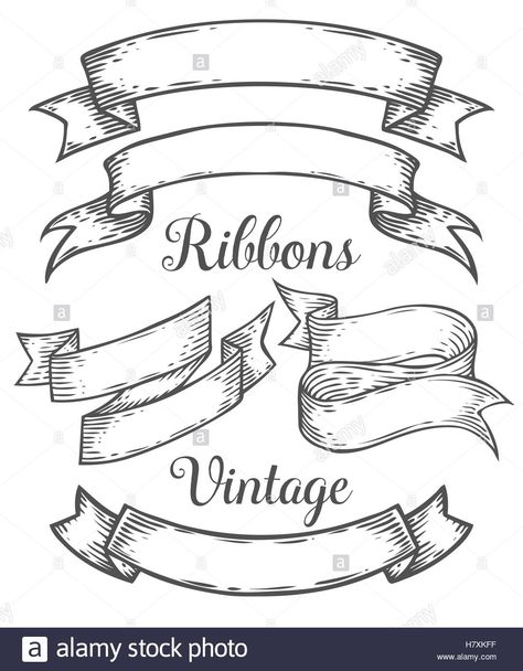 Ribbon retro vintage hand drawn illustration vector set. Sketch banners, old school style. For decoration, scrapbook and web, mo Stock Vector Banner Design Drawing, Tattoo Banner, How To Draw Ribbon, Vintage Banner, Banner Drawing, Old School Style, School Banner, Ribbon Banner, School Style