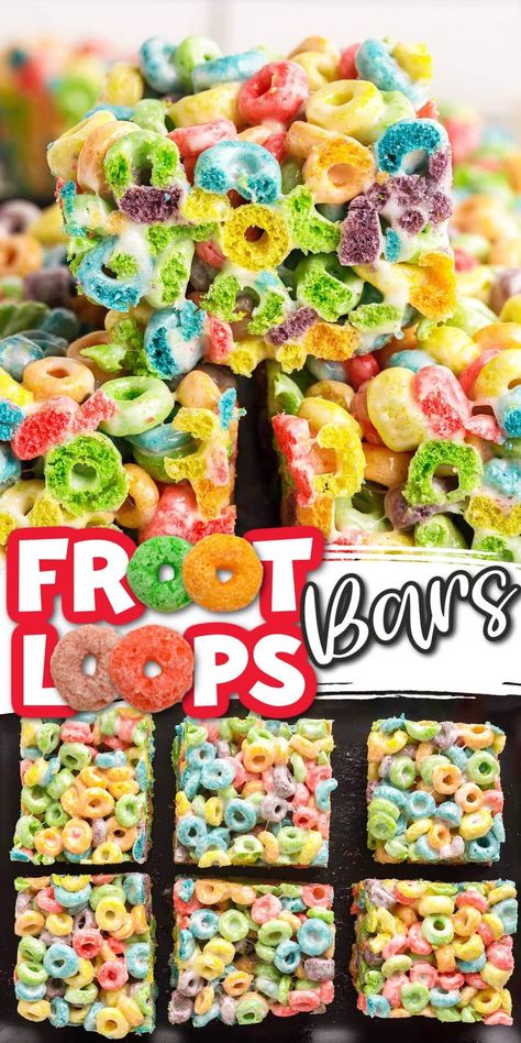 Fruit Loop Treats, Cereal Treat Bars, Cereal Bars Homemade, Rainbow Recipes, Cereal Bars Recipes, Fruit Loops Cereal, Rainbow Snacks, Marshmallow Bars, Snacks Kids