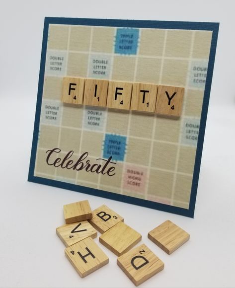 50th birthday card using Scrabble tiles. Background image off internet.  Inside card say: "Don't worry you're only 14 in Scrabble. #50thBirthdayCard #Big50 #BirthdayCard #Scrabble #BeHumane Scrabble Cards Birthday, Scrabble Birthday Cards, Scrabble Tile Cards, Scrabble Cards, Tiles Background, Birthday Card Idea, Scrabble Tile Crafts, 50th Birthday Card, Scrabble Board