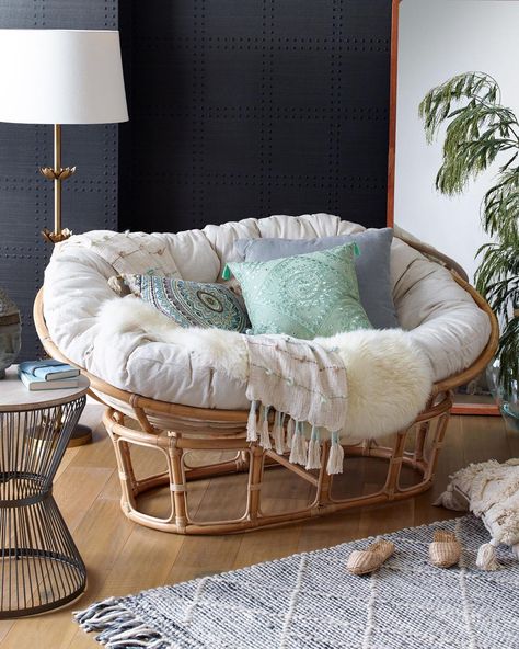 World Market on Instagram: “Double up on relaxation! Our NEW Double Papasan Chair offers ample room to curl up, spread out or cuddle. (link in profile to shop)…” Papasan Chair Bedroom, Papasan Chair Living Room, Papasan Chair Frame, Double Papasan Chair, Upholstered Chaise Lounge, Upholstered Chaise, Chairs For Small Spaces, Papasan Chair, Bohemian Living Room