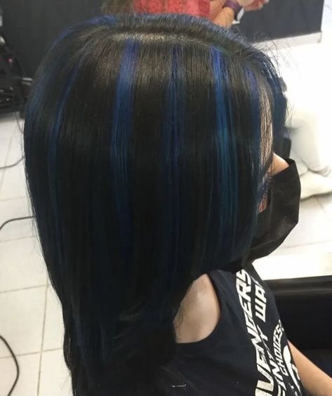 Blue And Black Hair Highlights, Blue Color Highlights Hair, Short Black Hair With Blue Streaks, Blue Highlights Underneath Hair, Black Hair Blue Stripes, Black Hair With Blue Highlights Short, Colored Hair Placement, Chunky Highlights Blue And Black, Blue Hair With Black Streaks