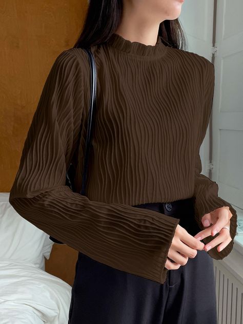 Coffee Brown Casual Collar Long Sleeve Fabric Plain  Embellished Non-Stretch  Women Tops, Blouses & Tee Brown Blouse Outfit, Brown Turtleneck Outfit, Outfit Marrone, Brown Top Outfit, Early 2000 Fashion, Spring Fashion Outfits Casual, Turtleneck Outfit, Shirt Outfit Women, Chic Fall Outfits