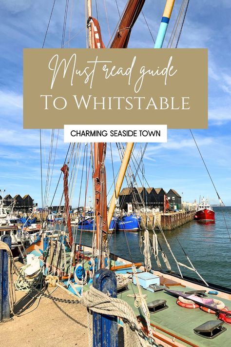 A vibrant harbour scene in Whitstable, Kent, UK, featuring colourful boats and charming independent shops and restaurants, capturing the cute and picturesque essence of this seaside town. Coastal Aesthetic, Harbour Town, Beach Huts, Seaside Town, Seaside Towns, Beach Hut, Must Read, Day Trip, Things To Do