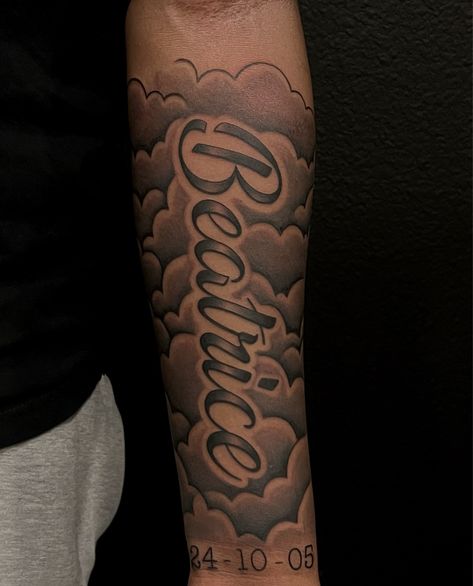 Tattoo uploaded by Jay • Clients grandmothers name as a memorial piece to start off a sleeve The Work Is Yours Tattoo, Tattoo Ideas For Men Forearm Name, Forearm Cloud Tattoos, Mothers Tattoo Ideas For Son, Men Mom Tattoos, Add Tattoo Ideas, Blocks Tattoo Design, Forearm Tattoos Names, Rip Tattoos For Men Forearm With Clouds