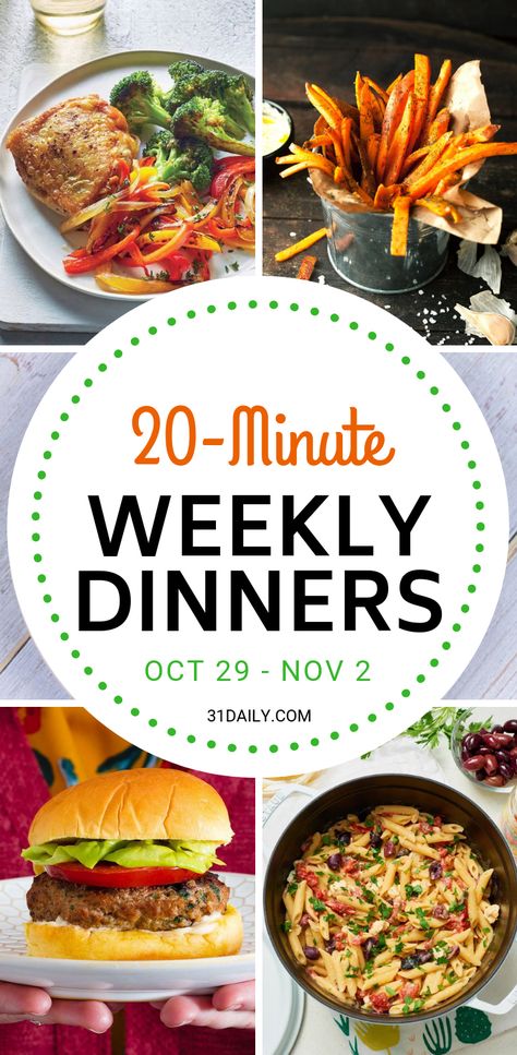 A busy Halloween week ahead requires easy, healthy, 20 minute and under dinners! Weekly Dinner Meal Plan // Week 44: Halloween and 20-Minute Dinners | 31Daily.com #mealplan #dinnerrecipes #healthyrecipes #fall #31Daily Kids Brunch Food, Weekly Dinner Meal Plan, Steak And Lobster Dinner, Dinner Meal Plan, Dinner Planning Weekly, Freezer Crockpot Meals Healthy, 31 Daily, Meal Plan Week, 20 Minute Dinners