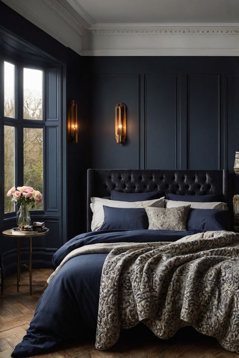 home decorating, home interior design, interior design space planning, living room interior Navy Dark Wood Bedroom, Dark Blue Carpet Bedroom Ideas, Blue Black Bedroom Ideas, Dark Blue And Gray Bedroom, Luxurious Dark Bedrooms, Dark Blue Girls Bedroom, Dark Blue Room Bedroom, Dark Blue Room Aesthetic, Deep Blue Bedroom