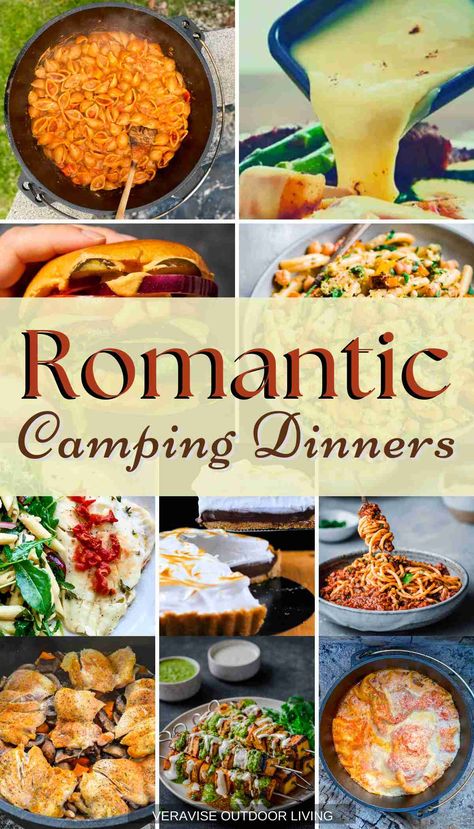 Camping Food For Couples, Camping Gourmet Meals, Elegant Camping Meals, Italian Camping Food, Camping Food For Two, Seafood Camping Meals, Romantic Cabin Dinner Ideas, Camp Stove Meals Propane, Propane Stove Meals