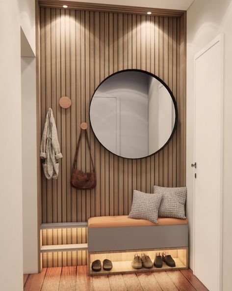 Wood Slat Wall Entryway, Small Apartment Entrance, Ideas Recibidores Entrada, Ideas Recibidor, Apartment Foyer, Small Bathroom Designs, Hall Entrada, Apartment Entrance, Home Hall Design